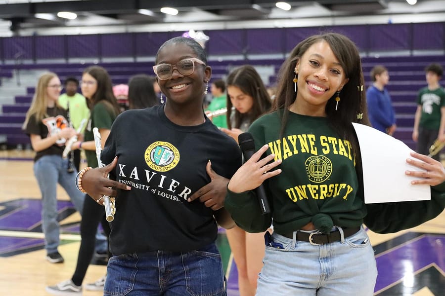 Jaya Meeks and College Advisor Ms. Z show off their Decision Day spirit 